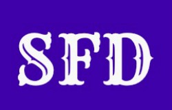 white monogram on blue background