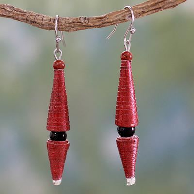red paper and onyx dangle earrings
